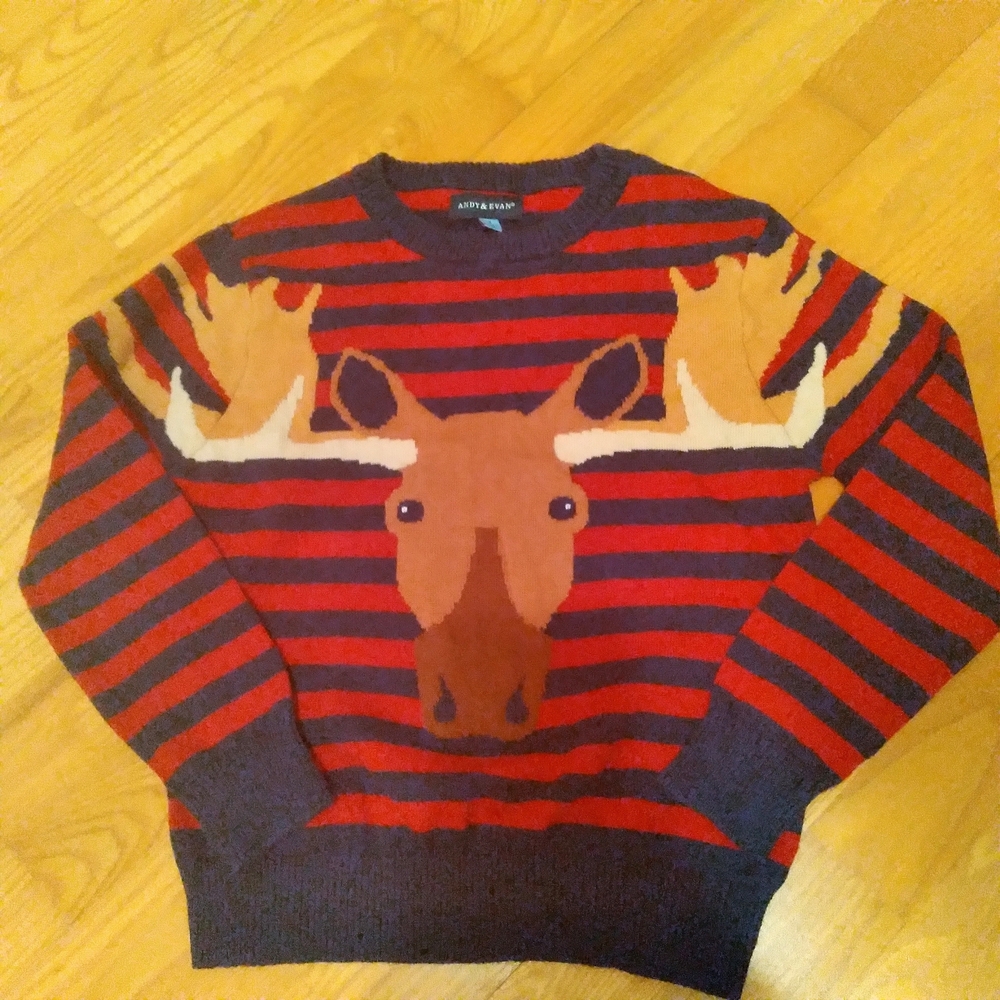 Andy & Evan Kids Navy Red Striped Crewneck Sweater Novelty Moose Face Motif  7